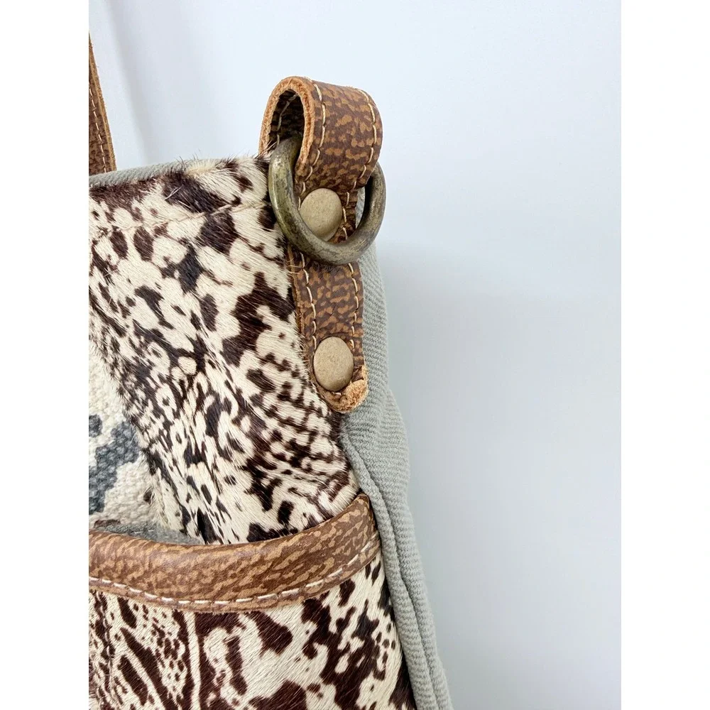 Myrha Large Tote‎ Festival Boho Y2K Upcycled Canvas Leather Brown White Summer